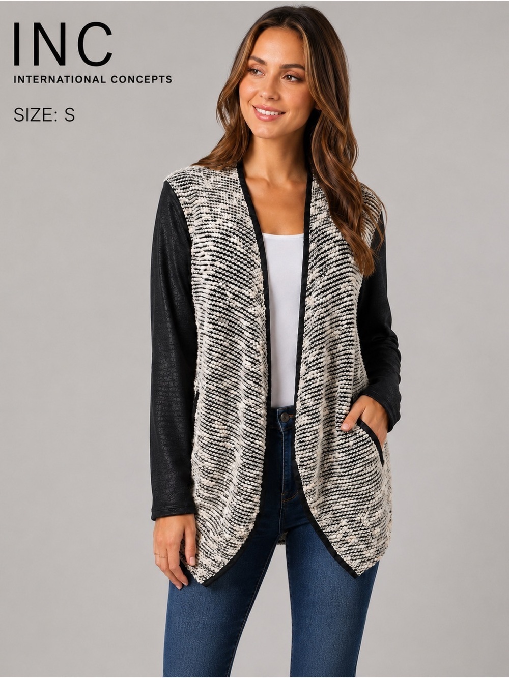 INC International Concepts Mixed Media Faux Leather
Open-Front Cardigan - Size S